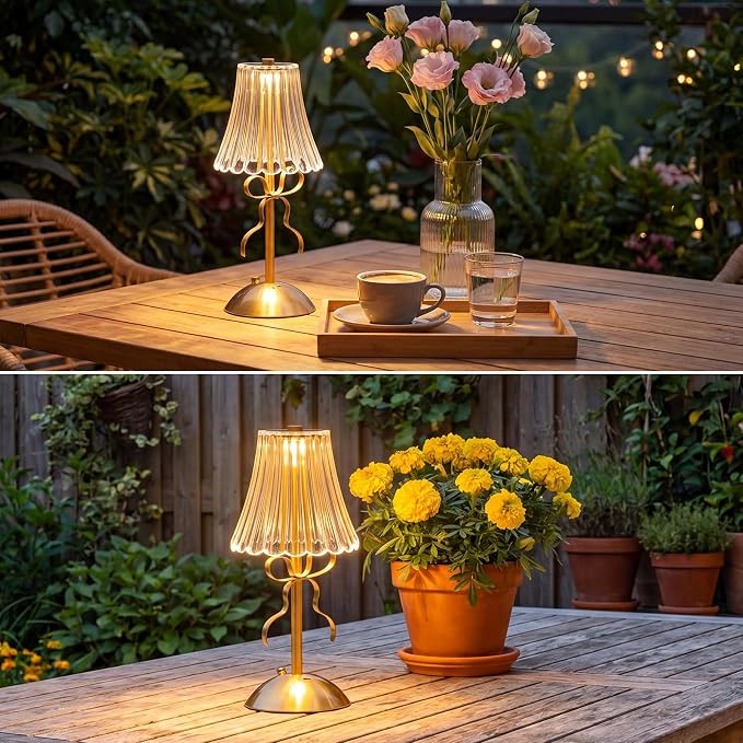 Liliful 2 Pcs Cordless Table Lamp Rechargeable Touch LED Small Gold Portable Battery Operated USB-c Desk Lamp 3 Color Dimmable for Bedroom Living Room Dining (Gold,Bow Rose Style)