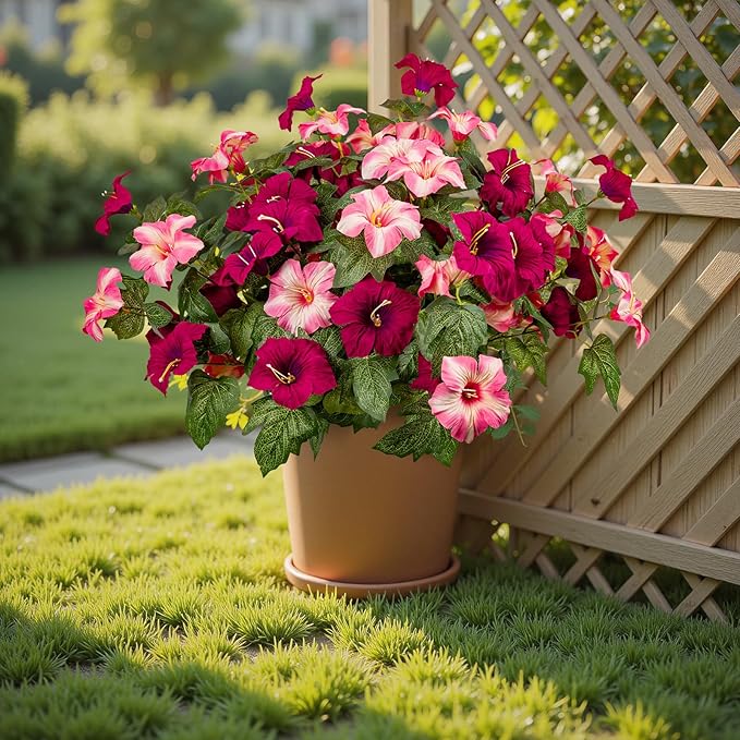 19 Inch Artificial Fake Flowers for Outdoor,4 Pcs Rose red Pink Faux Silk Petunias Spring Flowers for Outside for Indoor Porch Planter Front Door Garden Patio Window Box Home Decor