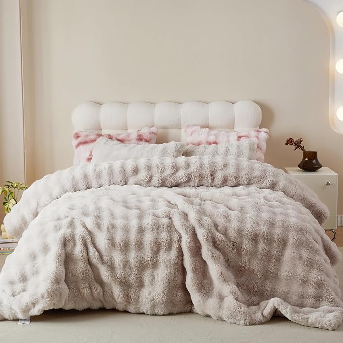 Simple&Opulence Fluffy Faux Fur Comforter Set, Plush Fuzzy Minky Bedding Set, 3 Pieces Warm Soft Comforter Bedding Set for Winter - 1 Shaggy Comforter with 2 Pillow Shams(Queen, Oatmeal)