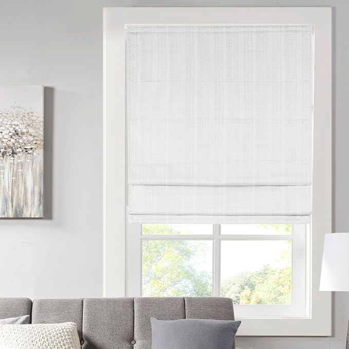 Madison Park Galen Cordless Roman Shade, 39"W x 64"H, Sheen White – Room Darkening, Thermal Insulated, Energy Efficient Window Blind with Subtle Sheen Basketweave Fabric for Privacy