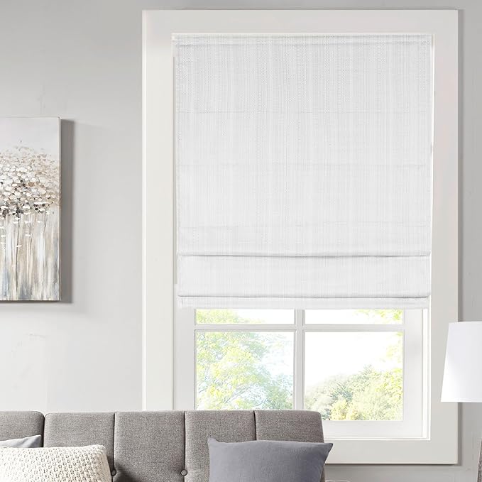 Madison Park Galen Cordless Roman Shade, 27"W x 64"H, Sheen White – Room Darkening, Thermal Insulated, Energy Efficient Window Blind with Subtle Sheen Basketweave Fabric for Privacy
