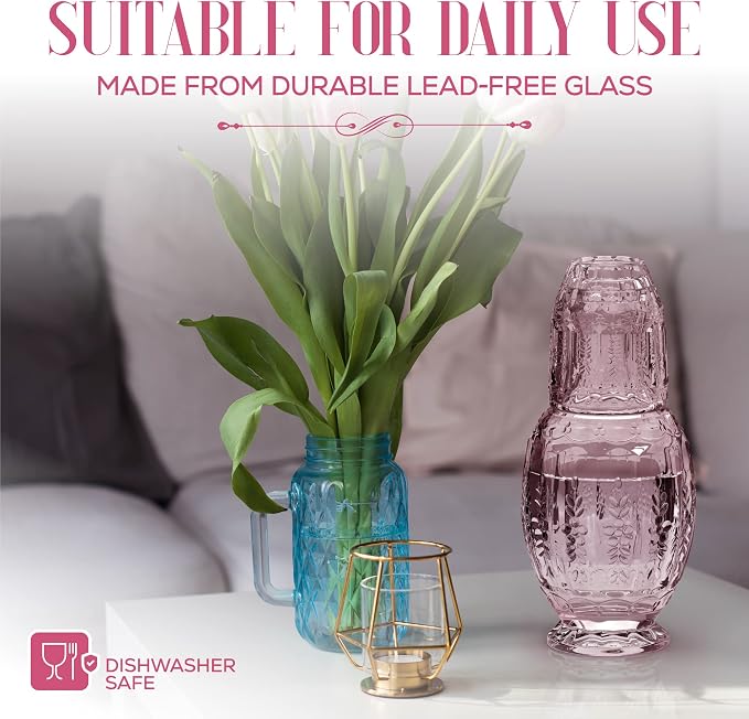 Elle Décor Vintage Bedside Water Carafe With Tumbler – Elegant Pitcher and Matching Drinking Glass Doubles As Lid For Guest Room, Office-Makes A Gift, 4.7x10.4, Pink