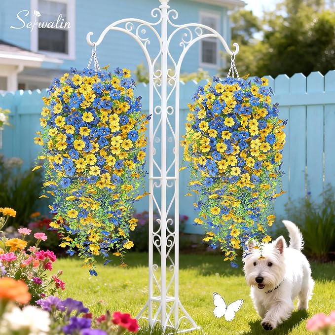 Serwalin 12PCS Artificial Hanging Flowers for Outdoors, UV Resistant Fake Hanging Plants, Realistic Weatherproof Outdoor Decor for Patio, Porch, Garden & Window (Yellow& Blue,12PCS)