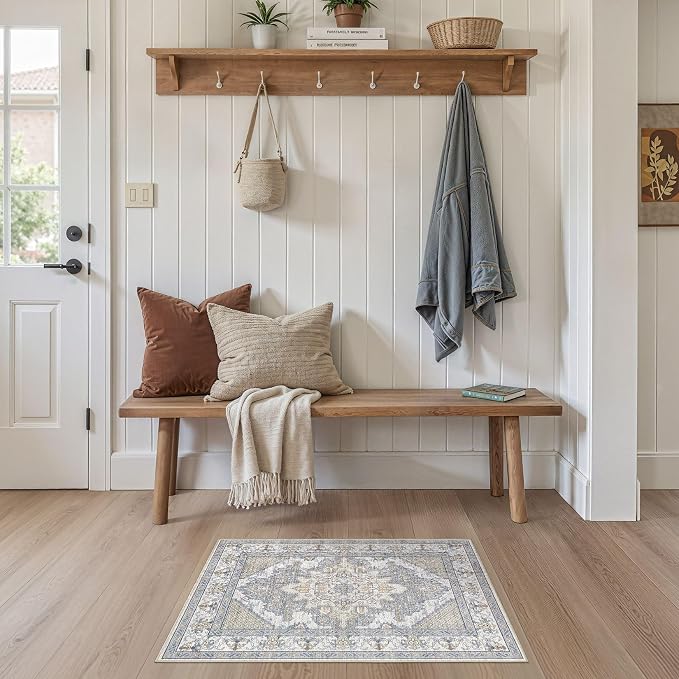 Tortania Area Rug 2x3 Doormat - Washable Vintage Oriental Farmhouse Soft Thin Indoor Carpet for Living Room Bedroom Hallway Entryway Kitchen - Blue Beige