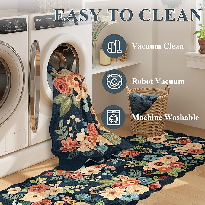 DUKINO 2x3 Entryway Rug, Floral Washable Indoor Door Mat with Non-Slip Backing, Soft Low Pile Small Front Door Throw Rugs for Entryway, Kitchen, Bedroom, Laundry, Bathroom, Navy Blue