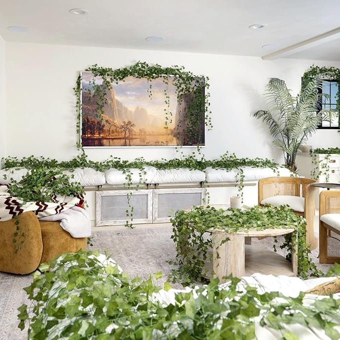 CQURE 48 Pcs 336Ft Artificial Ivy Fake Vines,Ivy Garland Greenery Garland Fake Hanging Plants Vines Green Leaves for Bedroom Wedding Garden Wall Room Decor