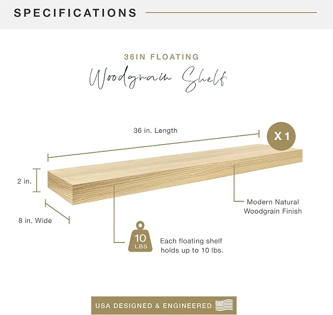 MCS Floating Shelf, Room Decor Wooden Shelf, Natural Woodgrain, 36 x 8 Inch
