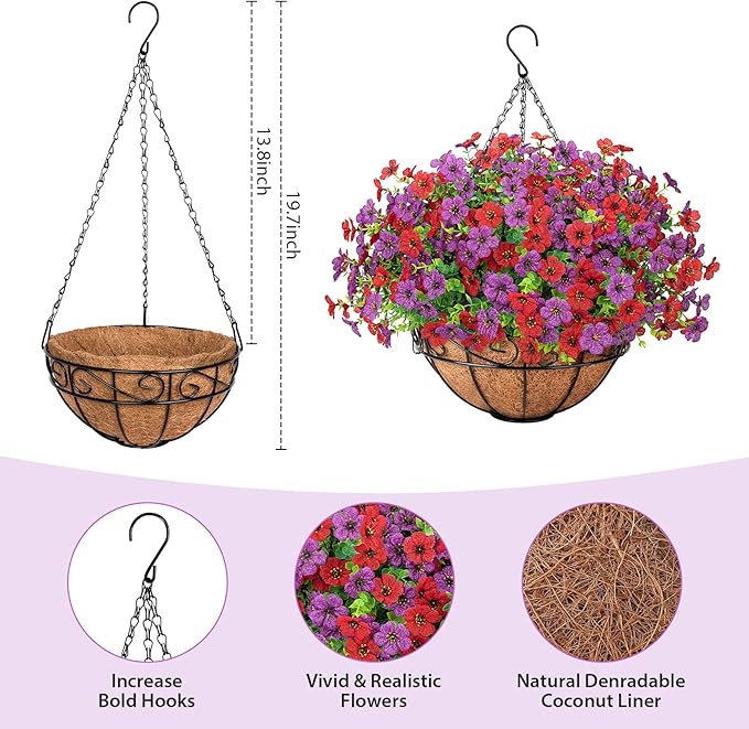 Artificial Fake Hanging Flowers Plants Basket Outdoors, Faux Silk UV Resistant Look Real Daisy Eucalyptus for Spring Summer Garden Porch Home Patio Balcony Yard Decorations, Red Purple