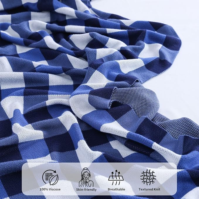BOV Knit Checkered Throw Blanket - 100% Viscose Silky Super Soft Breathable Lightweight Decorative Throw Blanket for Chair Couch Sofa, Perfect Self Care Gifts for Women & Men, Cobalt Blue 50"x60"
