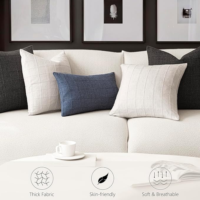 Foindtower Set of 2 Decorative Linen Check Throw Pillow Covers Neutral Farmhouse Vintage Cushion Covers Modern Boho Home Decor for Sofa Chair Couch Bedroom Living Room,18×18 Inch,Cream White