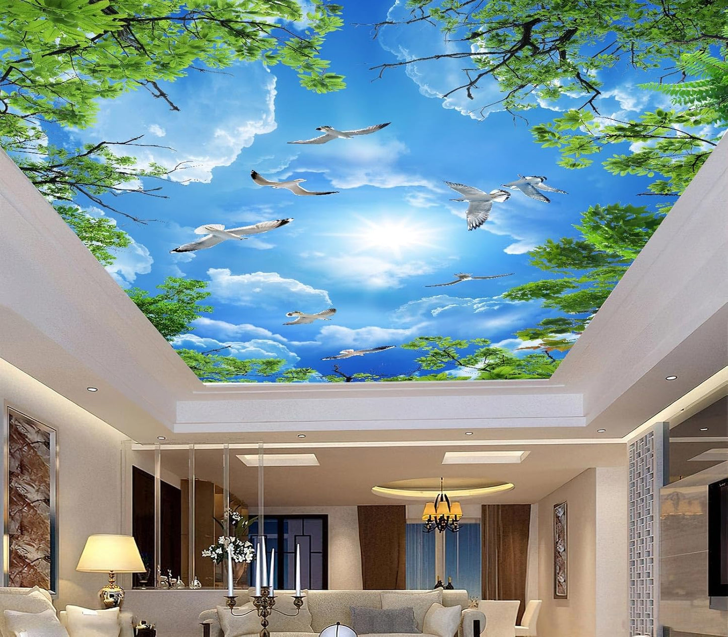 Sky Seagull Green Tree Ceiling 3D Wall Mural Wallpaper 103" x 69"