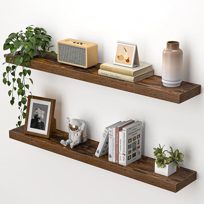 Heimlove 36 Inch Floating Shelves for Wall,Mounted Storage & Display Wood Shelves with Invisible Brackets,Hanging Shelf for Bedroom Living Room Kitchen Office,Set of 2,Rustic Brown
