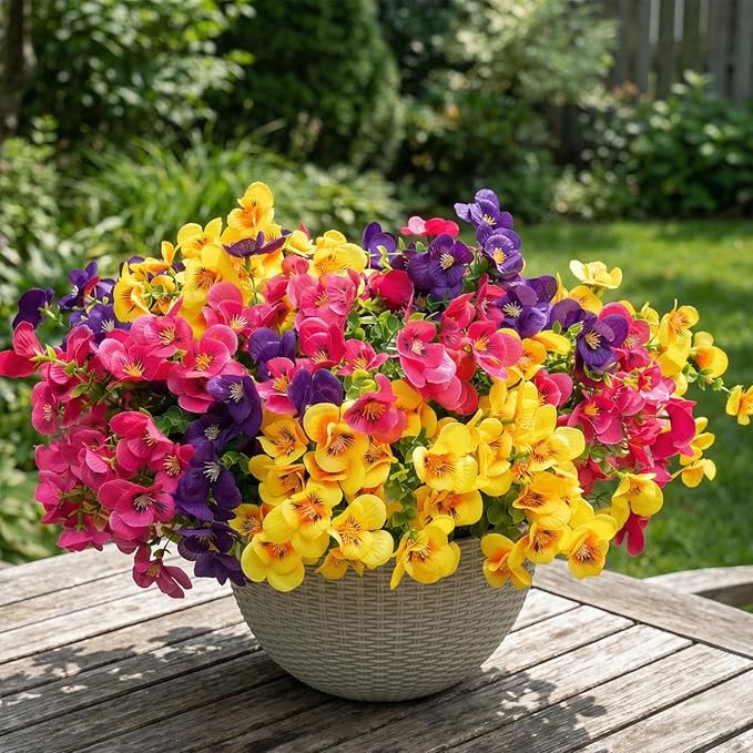 trytuny Artificial Flowers for Outdoor, Realistic Faux Plants for Outside Indoor Porch Patio Window Box Planter Home Decor (12pcs - Yellow Purple Rose red)