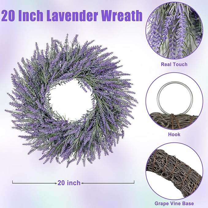 LZNPA 20 Inch Summer Spring Wreaths for Front Door Romance Lavender Wreath, Elegant Artificial Front Door Wreath for All Season Spring Decorations for Home Wall Entryway Farmhouse Porch Room Decor