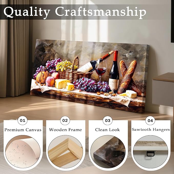 imjiayu Large Wall Art, Kitchen Wall Art, Wine Pictures Wall Decor, Framed Rustic Oil Painting Style Canvas Print, Grape Cheese Bread Still Life Wall Decor, Vintage Dining Room Home Bar Cafe Wall Art, 29"x57"