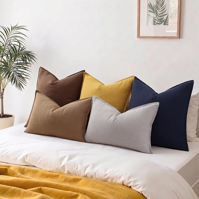 decorUhome Summer Decorative Linen Throw Pillow Covers 12x20 Inch Set of 2 Light Brown Lumbar Pillow Covers with Flange Edges Soft Farmhouse Boho Accent Pillow Cases for Couch Bed Living Room