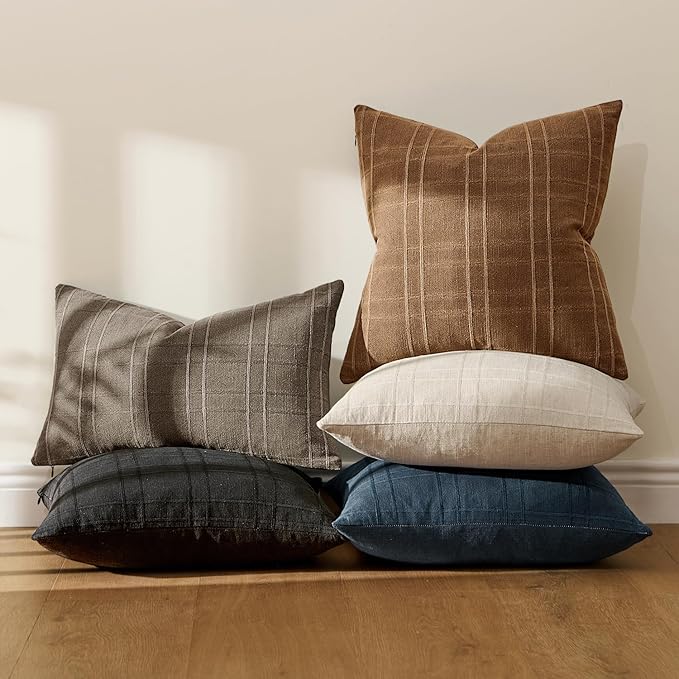 MIULEE Decorative Linen Check Throw Pillow Covers Neutral Farmhouse Vintage Pillow Covers 18x18 Set of 2 Boho Modern Winter Home Decor for Sofa Couch Bedroom Cushion Camel Brown