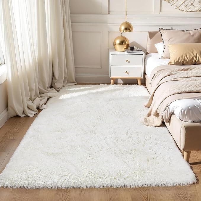 Fluffy 8x10 Large Area Rugs for Bedroom Living Room, Cream White Soft Washable Shag Carpet for Kids Room, Nursery, Dorm Decor, Colorful Cute Plush Fuzzy Rugs for Baby Toddler