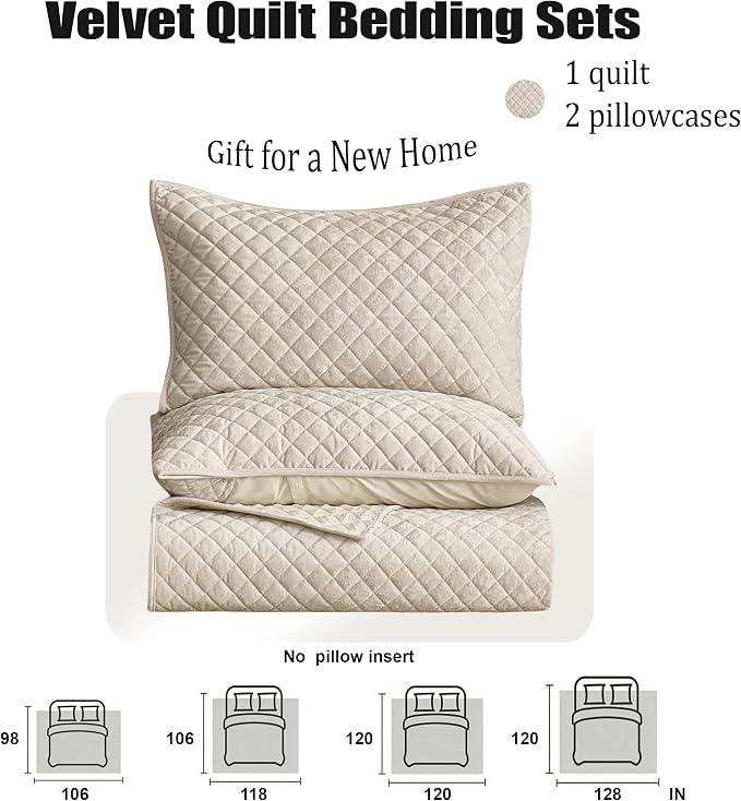 Velvet California King Quilt Size Set 106x118 Luxury Soft Bedspread Coverlet 3-Piece King Comforter Sets with 2 Pillow Shams 20x36 Super Cozy for All Seasons Velvet Bedding Set, Beige