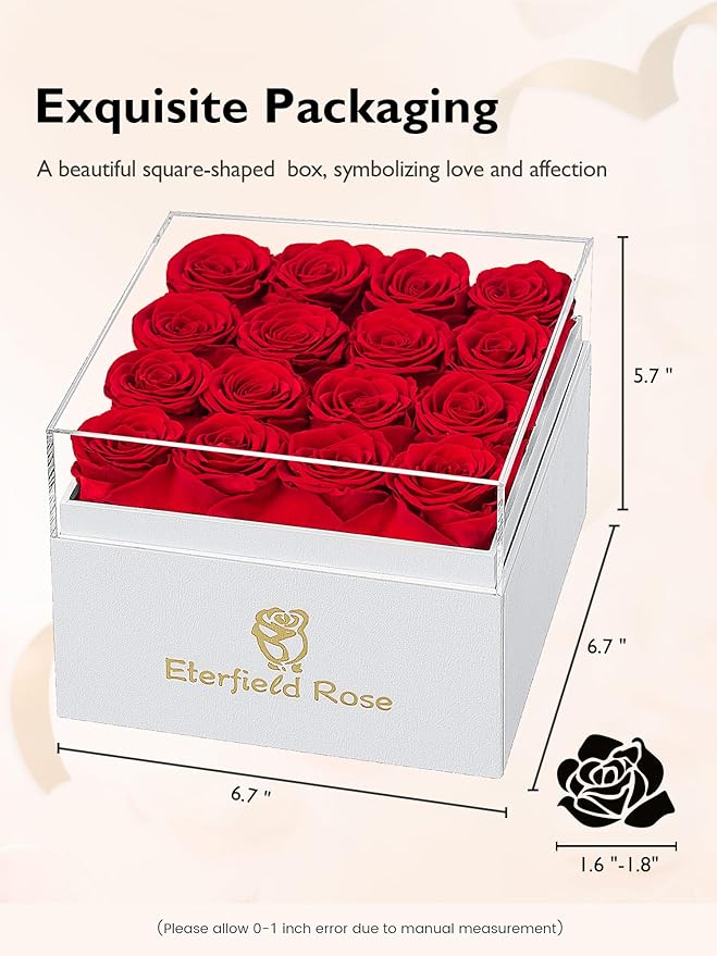 Eterfield Forever Flowers Preserved Roses Real Roses that Last Over a Year Rose Box Gifts for Her Mothers Day Valentines Day Christmas (Square White Box, 16 Red Roses)