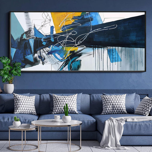 KLAKLA Extra Large Wall Art for Living Room - Blue and white Canvas Framed Wall Decor Living Room Abstract Picture Artwork for Office Bedroom Decorative Paintings