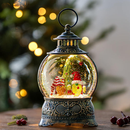 Christmas Snow Globes Christmas Water Lantern with Gnome Wearing Christmas Hats, Music & 6H Timer, USB Lined/Battery Operated Lighted Lanterns for Xmas Festival Decoration Gifts