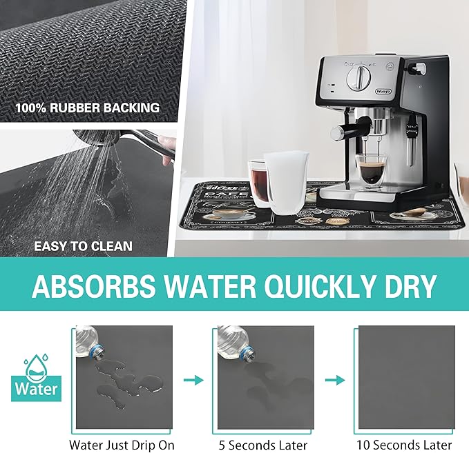 Coffee Drying Mat - Anti-Slip Silicone Dish Drying Mats, Super Absorbent: 19in x 12in