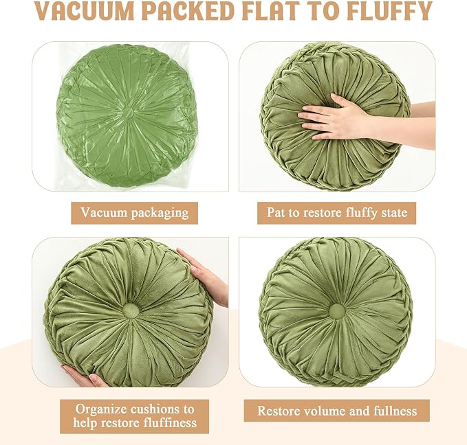 Drydiet 1 Pcs Round Throw Velvet Pillows Decorative Pleated Throw Pillows Diameter Accent Pumpkin Boho Chair Cushion for Couch Sofa Home Decoration (Olive Green,15'')