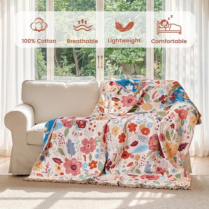 MSGKV Boho Throw Blanket for Bed Twin Size 100% Cotton Floral Blanket 60"x80" for Sofa Couch Muslin Summer Breathable All Seasons Lightweight Farmhouse Blankets Home Decor