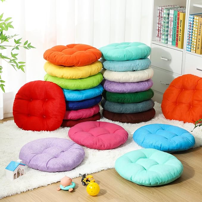 Fumete 30 Pcs 16 Inch Floor Cushions Pillow for Kids Bulk Classroom Round Flexible Seating Floor Cushions for Students Home Daycare School Reading Corner Yoga Meditation Picnic (Full-Color Blocking)