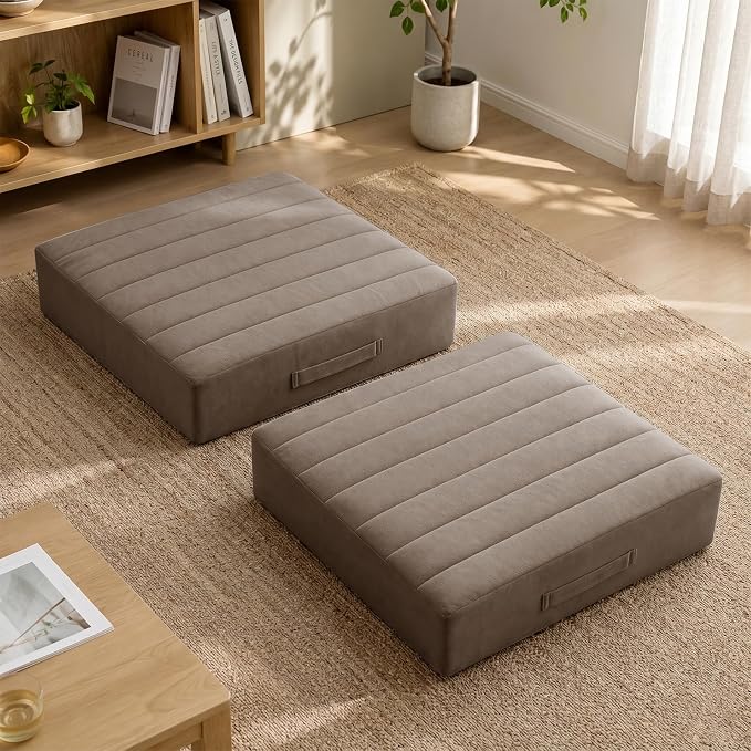 JKMAX 2 Pcs High Density Foam Floor Pillow - Upgraded Large Pillows Seating for Adults - Outdoor Floor Cushion with Soft Tufted Cover - Yoga Pillows for Sitting On Floor - 22 Inch Coffee