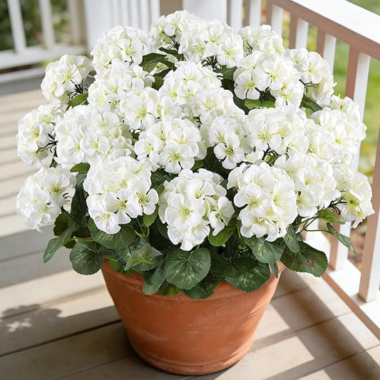 Artificial Geranium Flowers for Outdoors, 6 Bundles Realistic Silk Fake Geranium, No Fade Faux Plants for Hanging Baskets, Window Boxes, Pots - Porch, Patio, Balcony Decor(White)