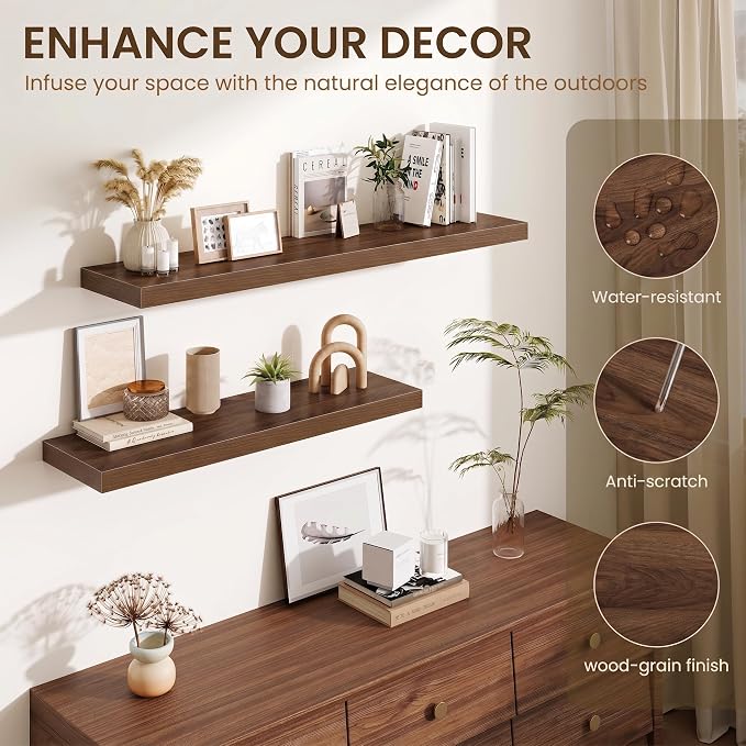 Fun Memories Floating Shelves for Wall 36 Inches, Wood Shelves with Invisible Bracket, 10" Deep Shelves Wall Mounted, Large Wood Floating Shelves for Living Room Bathroom, Walnut, Set of 3