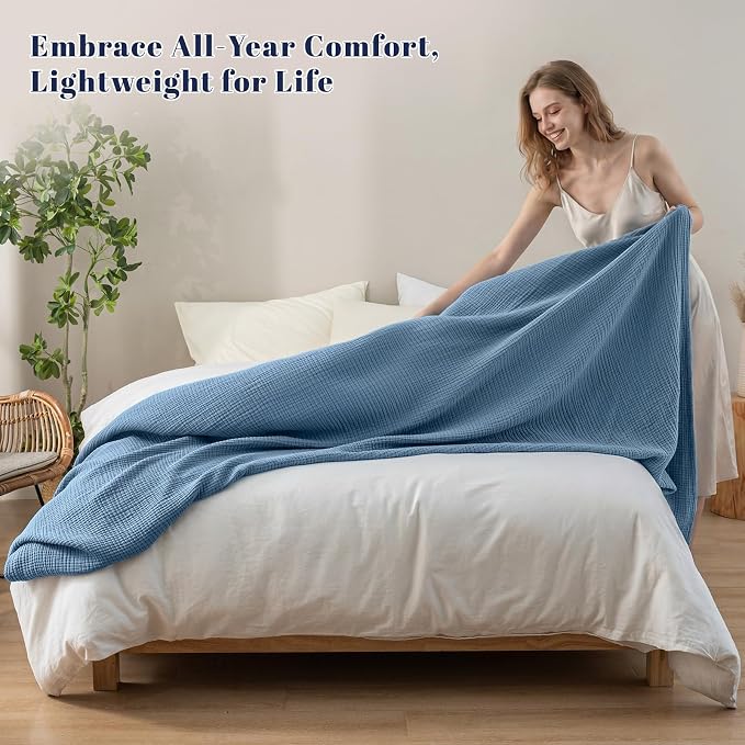 PHF 100% Cotton Muslin Blanket King Size 108"x90", 4-Layer Lightweight Gauze Throw, Breathable Cloud-Soft Minimalist Blanket for Bed, Couch, Camping & Baby, Denim Blue, Ideal Gift
