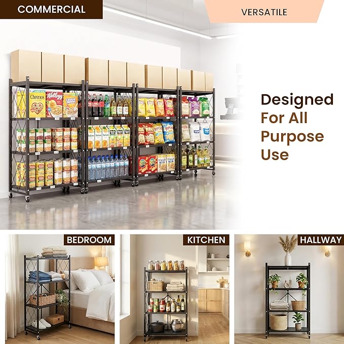 Our Modern Space 4-Tier Foldable Storage Shelf with Wheels | Metal Rack Collapsible Shelving Display | Rolling Cart for Books Kitchen Storage Shelves | Pantry & Closet Organizer | Office Room Decor
