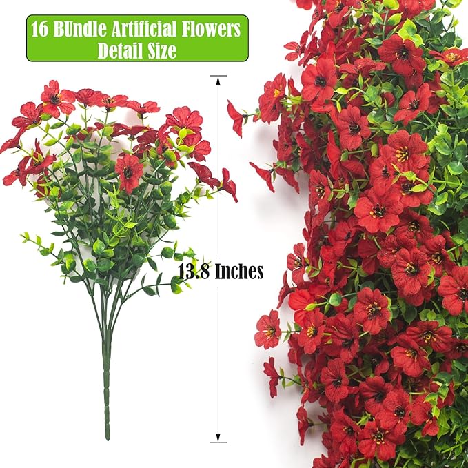Grunyia Artificial Fake Flowers for Outdoor Spring Decoration, 16 Bundles Faux Silk Colorful Daisy UV Resistant Realistic for Outside Porch Patio Home Yard Garden Planters Pots Window Box (Red)