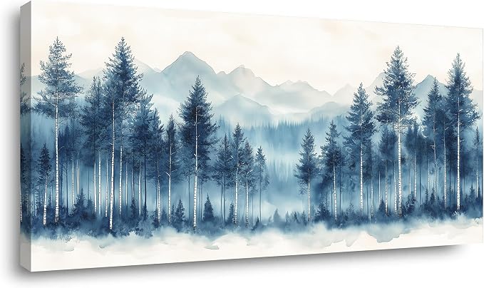 Ggaafet Watercolor Blue Forest Wall Art for Living Room Canvas Painting Prints Beautiful Mountain Woods Landscape Art Deco Nature Artwork Office Bedroom Family Dining Room Decor Large