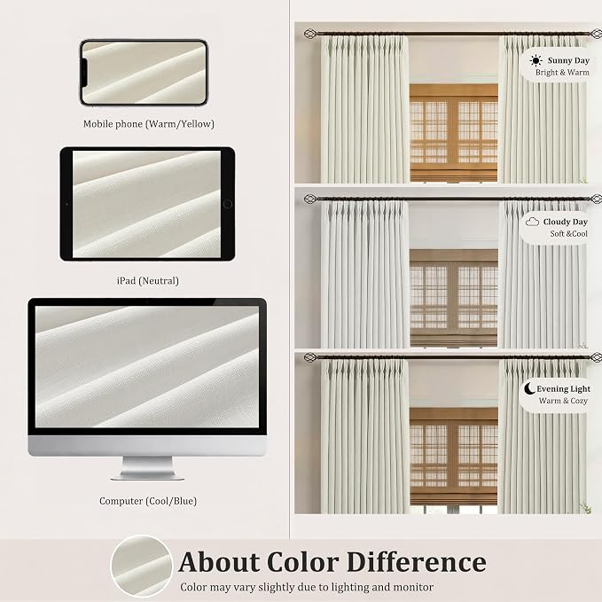 Pinch Pleated Linen Curtains 96 Inch, 2 Panels Premium 400GSM Memory Trained Semi Sheer Light Filtering Window Drapes for Living Room Bedroom Dining, Back Tab & Adjustable Hooks Rings , Birch Natural