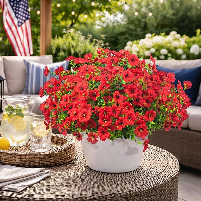 Grunyia 20 Bundles Artificial Flowers for Outdoors, UV Resistant Fake Plants Flowers Greenery Shrubs Plants for Decoration Outside Plants Hanging Planter Home Garden Decor (Red)