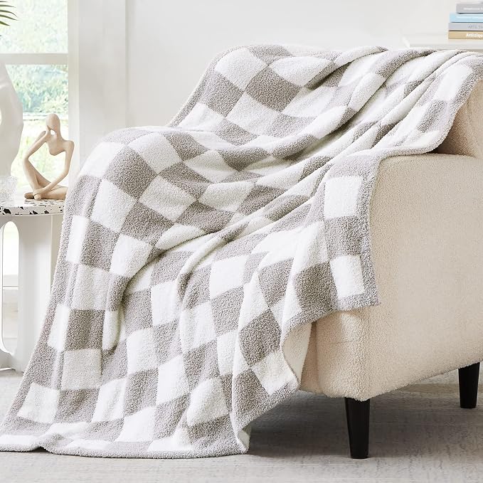 WRENSONGE Soft Twin Size Checkered Blanket for Bed-Cozy Knitted Blankets | Lightweight Fluffy Warm Decor for Women, Mom, Her & Girls, Sofa, Chair, Couch, 60x80in,Light Grey