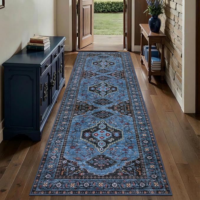 Tangsoo Blue 2.6x8 Washable Runner Rug for Hallways, Oriental Non Slip Vintage 8ft Runner Rugs, Soft Low Pile Long Rug Runner, Print Carpet Runners for Kitchen Bedroom Entryway Bathroom Living Room