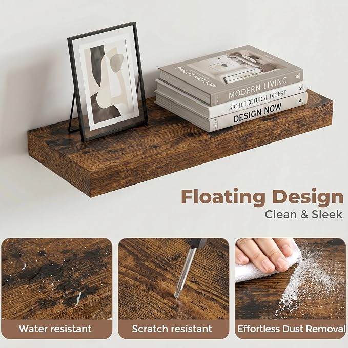 Venusmiles Floating Shelves for Wall, 16 Inch Floating Shelves Set of 2, 6.5" D Wooden Wall Mounted Display Shelves with Invisible Brackets for Living Room, Bedroom, Bathroom, Kitchen Decor, Brown
