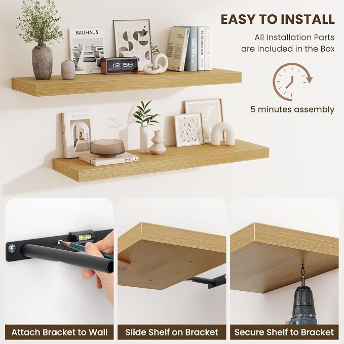 Fun Memories 55 Inch Fireplace Mantel Shelf, 10 Inch Deep Shelves for Display & Wall Storage, Rustic Wood Wall Shelf, Extra Long Floating Shelves for Living Room Laundry Room, Oak, Set of 2