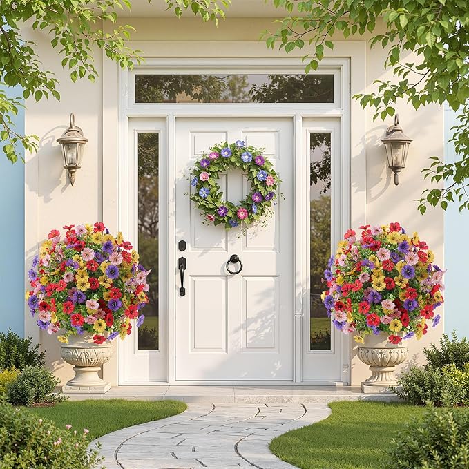 Alupssuc 2Pcs 20" Artificial Topiary Ball Flowers, Spring Outdoor Decoration with Spike, UV Resistant Faux Summer Plants, Faux Bushes Plants, Red Deep Purple Yellow Pink for Garden, Porch Decor