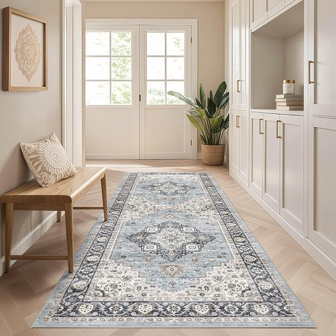 Runner Rug Kitchen Washable Rugs: 3x10 Non-Slip Boho Vintage Distressed Stain Resistant Indoor Neutral Farmhouse Throw Carpet for Hallway Bathroom Laundry Room Entryway Bedroom- Blue Tan