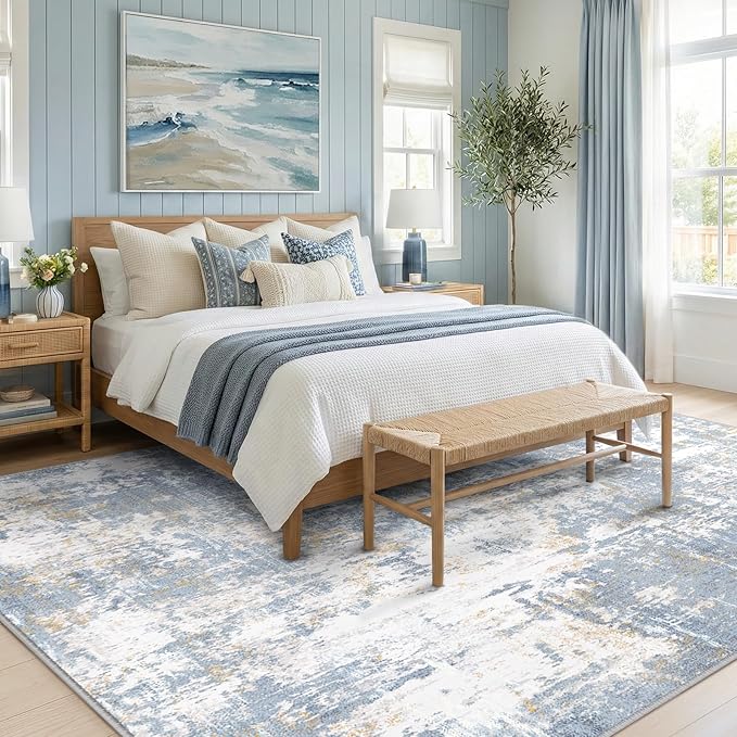 RELEANY Washable Area Rugs 9'x12' Non-Slip Modern Abstract Soft for Living Room Entryway Bedroom Nursery, Print Pattern, Light Blue