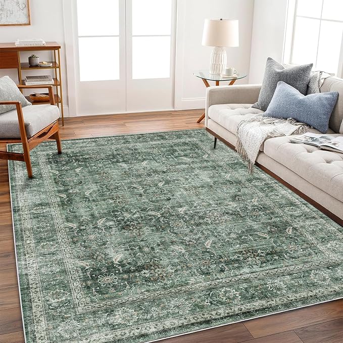 CHAMPLANT Washable Area Rug 3'x5' Vintage Traditional Floor Cover Foldable Thin Rugs Retro Kitchen Indoor Distressed Non Slip Carpet Floral Print Mat Bedroom Living Room