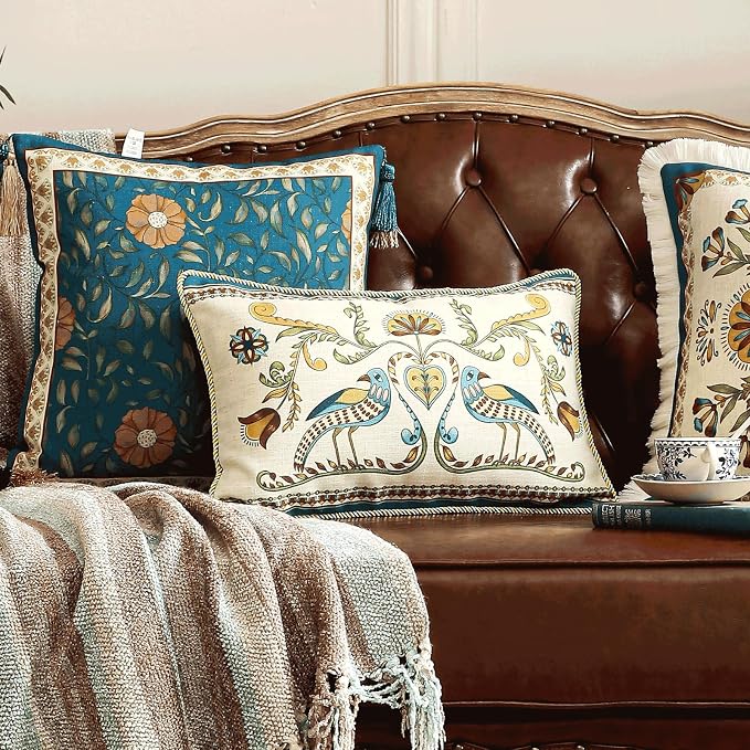 patdrea French Vintage Linen Throw Pillow Cover,12"x20",Set of 2-Wensel C | Decorative Pillow Case,Bird and Floral Pattern,Cushion Coverfor Couch Living Room Bedroom Sofa