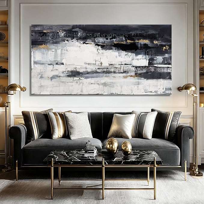 Dolidoteart Canvas Wall Art, Black White Gray Abstract Wall Art Print, Modern Gold Accent Horizontal Artwork for Living Room Bedroom Office, 24x48 Inch