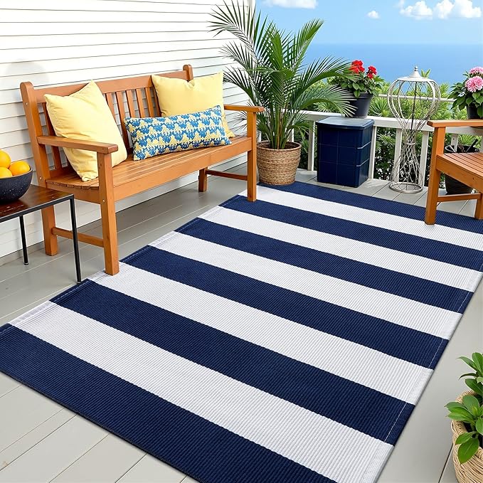 OLANLY Navy and White Striped Rug 3' x 5' – Washable Cotton Indoor Outdoor Doormat for Front Door, Entryway, Kitchen, Porch, Patio Decor